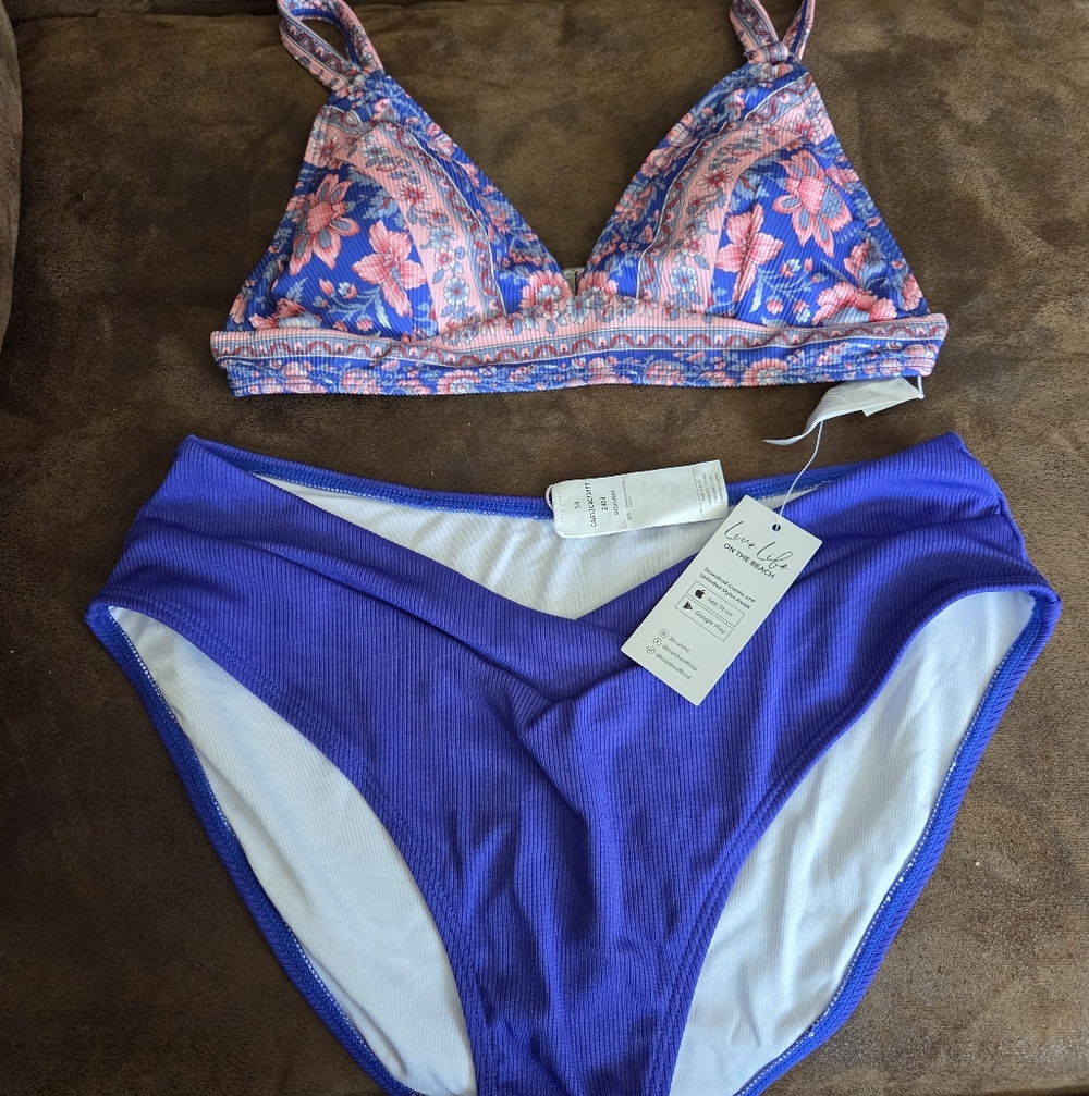 Cupshe Blue & Pink Floral Ribbed Bikini Set